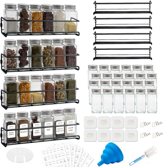 4 Tier Spice Rack Organiser with 24 Spice Jars (Black)